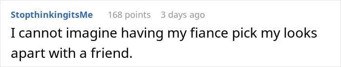 Screenshot of a Reddit comment about a woman finding secret texts of fianc&eacute; complaining about her appearance.