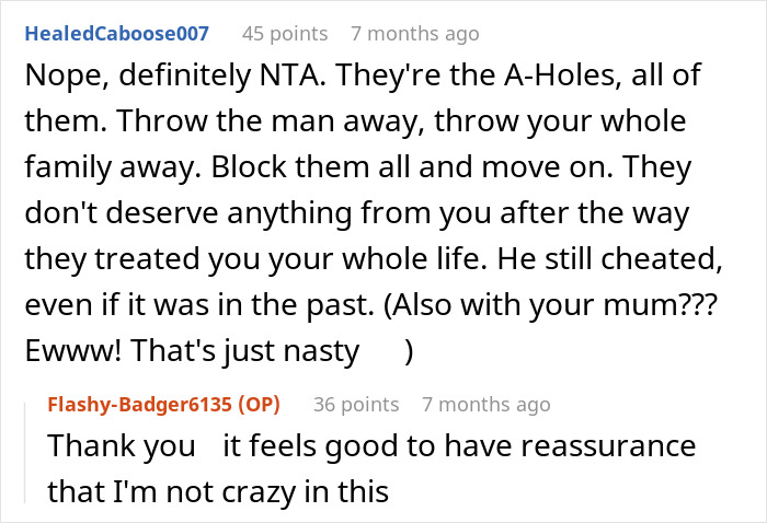 Reddit comments discussing a bride walking out after learning her groom cheated with her mom before their wedding.