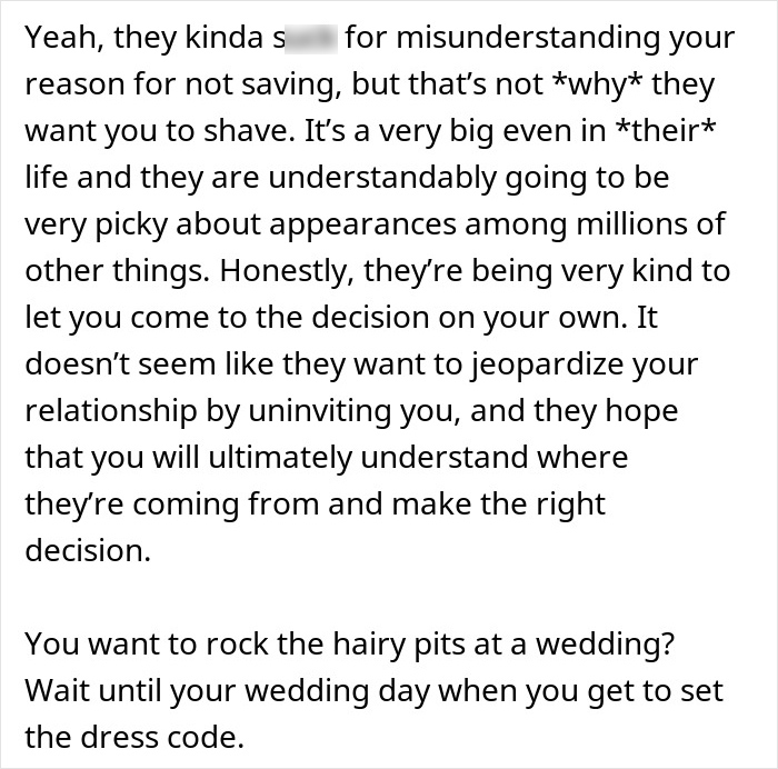 Text excerpt discussing guests' discomfort and bride and groom taking a woman's hairy armpits as a personal insult.
