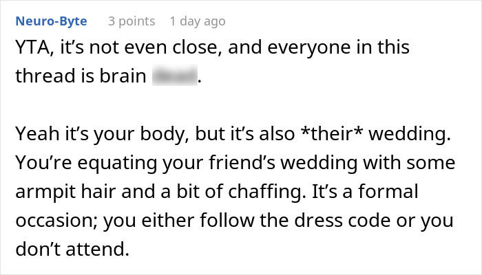 Screenshot of an online comment discussing guests' comfort and wedding dress codes regarding hairy armpits.