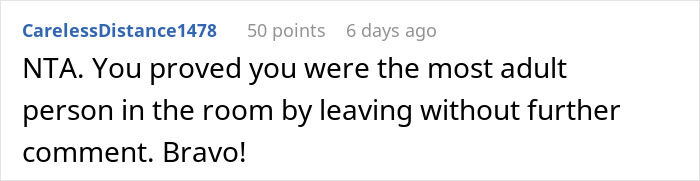 Comment on a forum post showing a user praising a guy who leaves Christmas dinner over uncle's jokes, highlighting mature behavior.