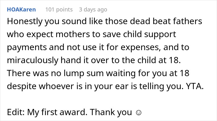 Screenshot of an online comment discussing a teen&rsquo;s $30k and vague answers from her mom amid accusations of being ungrateful.