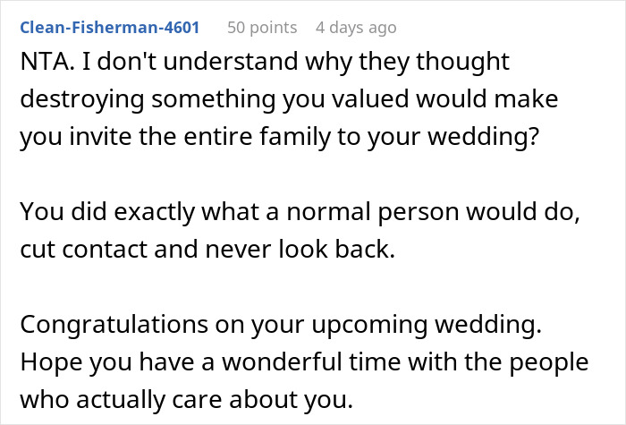 Comment discussing a man cutting off parents after their revenge related to his small wedding plans. Comment discussing a man cutting off parents after their revenge related to his small wedding plans.