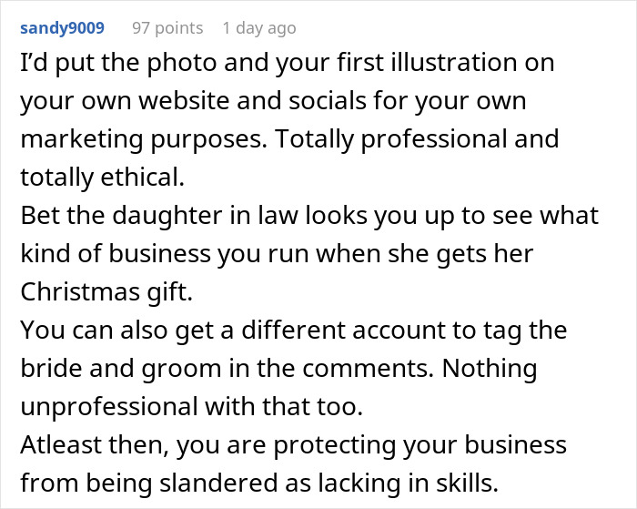 Text conversation showing advice on marketing and protecting business when MIL&rsquo;s plan to make bride look ugly in wedding illustration backfires.