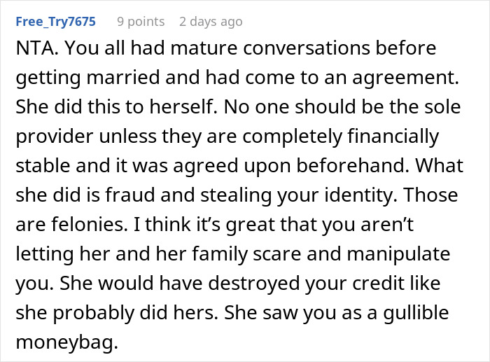 Comment discussing financial a***e and manipulation in a marriage falling apart due to wife treating husband as ATM.