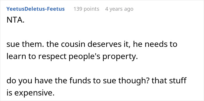Screenshot of a Reddit comment discussing a man demanding his cousin pay for a cruel prank and the aunt&rsquo;s reaction.