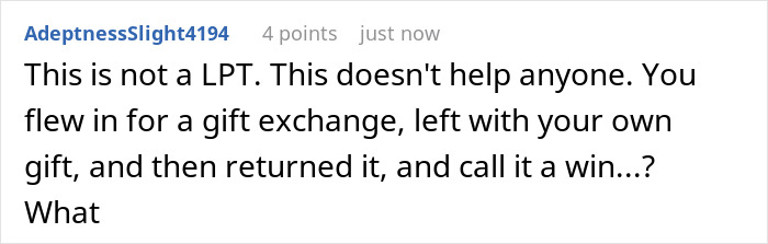 Screenshot of a Reddit comment criticizing a guy who steals his own white elephant gift and gets a refund, sparking debate online.