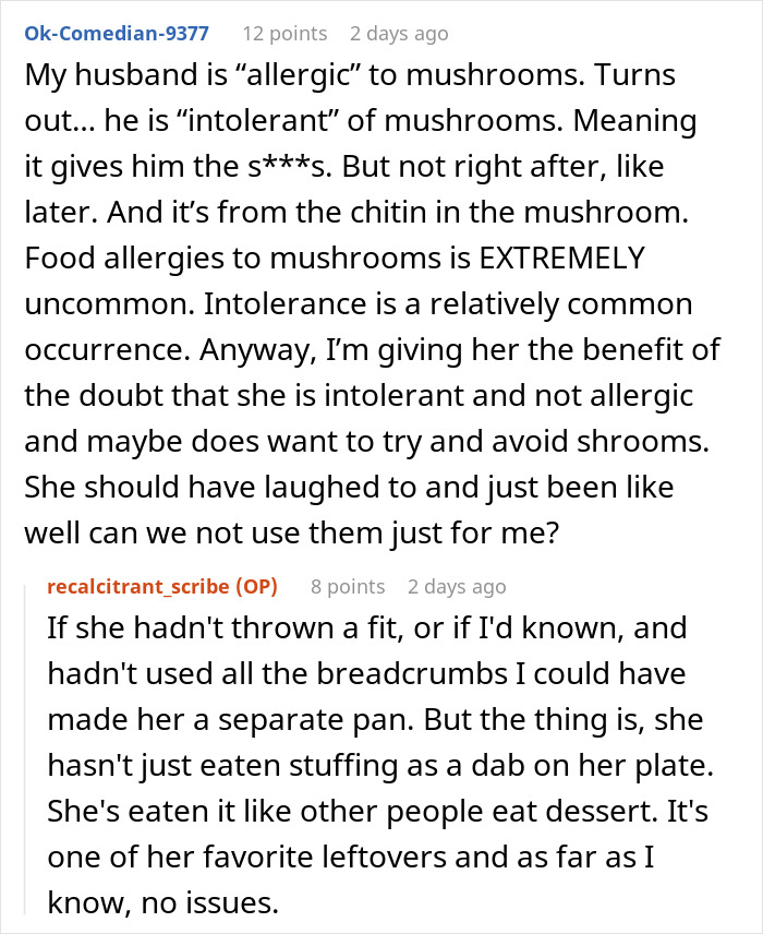 Screenshot of a Reddit conversation discussing a woman pretending to have a food allergy to mushrooms.