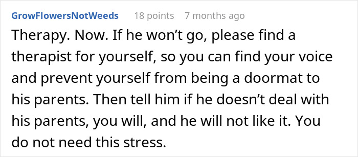Comment advising therapy for wife to find her voice as husband won&rsquo;t stand up to his mother causing stress.