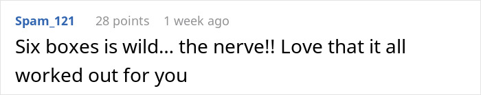 Text comment on a white background discussing six boxes and expressing excitement, related to mil-demands wedding venue changes stuck storm.