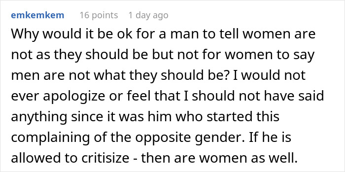 Commenter questions double standards as toxic man vents about traditional wives and logic flaws are exposed in discussion.