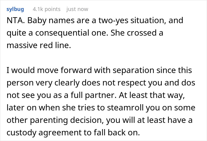 Commenter advises separation over newborn's bizarre name, highlighting escalating couple conflict and respect issues in parenting decisions.