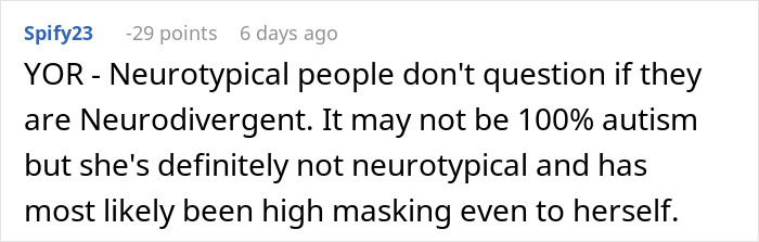 Comment discussing a woman self-diagnosing autism and experiencing high masking, shared in an online forum.