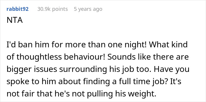 Screenshot of a Reddit comment discussing thoughtless behavior and relationship issues involving husband choosing best mate over wife.