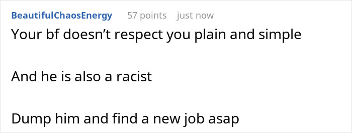 Reddit comment urging a woman to dump her boyfriend, calling him a racist, mentioning racist gift