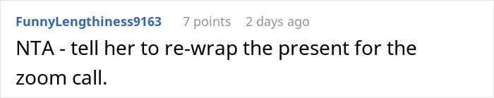 Screenshot of an online forum comment about a woman thinking she deserves another Christmas gift after opening one early.