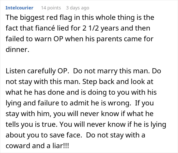 Text discussing a woman rethinking her engagement after fianc&eacute;&rsquo;s lie about her family is revealed during holiday dinner.