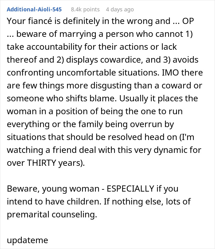 Commenter warns woman rethinking engagement after fianc&eacute;&rsquo;s lie about her family causes conflict during holiday dinner.