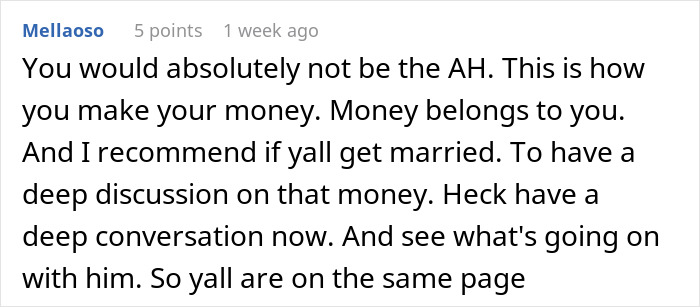 Screenshot of a user comment discussing entitlement and money in the context of mother expenses split with son and girlfriend.