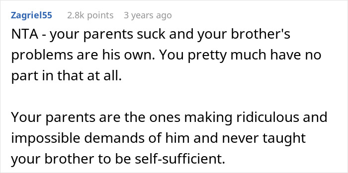 Reddit comment discussing parents disowning a gay brother and blaming them for his lack of self-sufficiency.