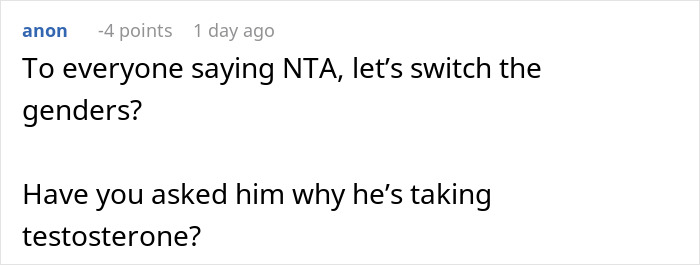 Screenshot of an online discussion where a user questions a husband's testosterone use affecting future child’s health. Screenshot of an online discussion where a user questions a husband's testosterone use affecting future child’s health.