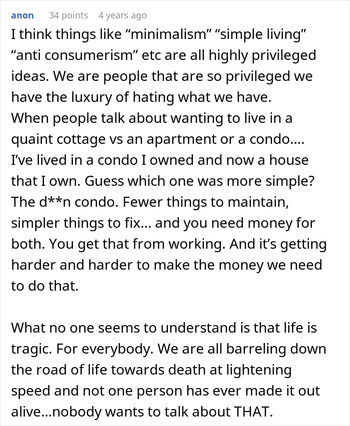 Comment discussing challenges of simple living and disillusionment with minimalism after moving to an African country.