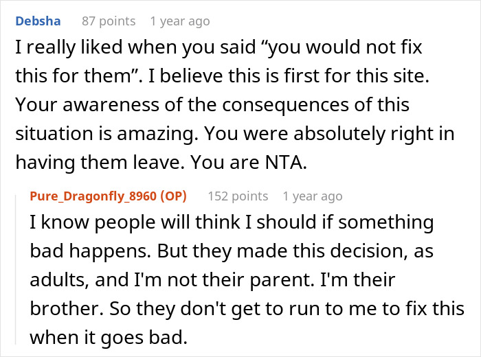 Reddit comments showing a guy explaining why he kicks siblings out after they share their surprise plan with him.