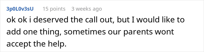 Comment text on a white background about parents not accepting help, discussing feminism and labor during Christmas.