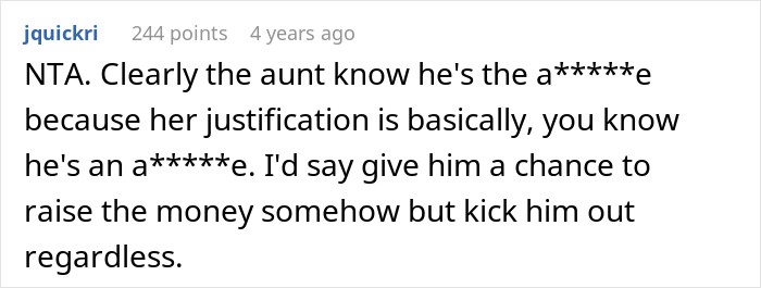 Screenshot of a Reddit comment discussing a man demanding cousin pay for his cruel prank and the aunt&rsquo;s reaction.