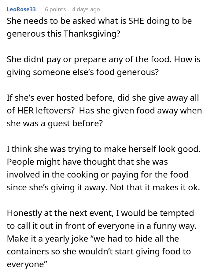 Screenshot of a Reddit comment questioning generosity and leftover sharing at an expensive Thanksgiving dinner hosted by a couple. Screenshot of a Reddit comment questioning generosity and leftover sharing at an expensive Thanksgiving dinner hosted by a couple.