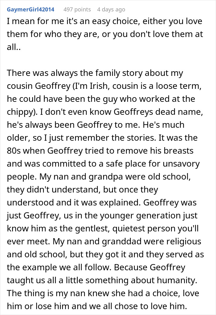 Reddit comment discussing family challenges and acceptance after a son comes out amid transphobic reactions. Reddit comment discussing family challenges and acceptance after a son comes out amid transphobic reactions.