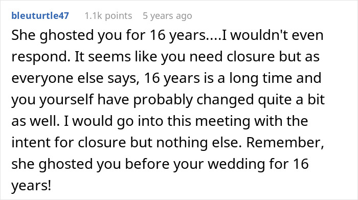 Comment discussing a man left without closure after fiancé disappears before wedding, then hears from her 16 years later.