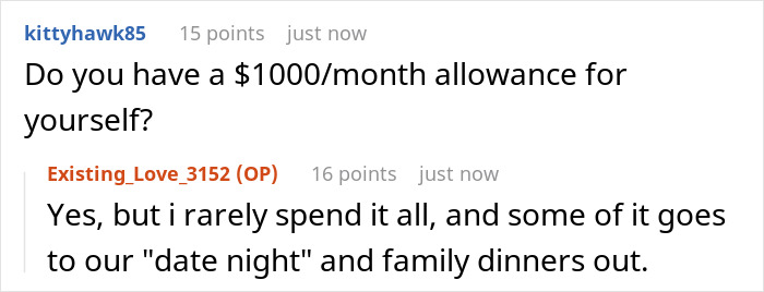 Screenshot of a Reddit conversation about a SAHM feeling poor despite receiving a $1000 monthly allowance from husband.