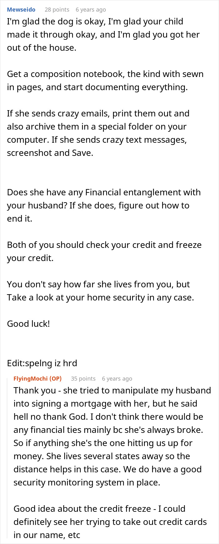 Reddit user discussing MIL poisoning family dog, verbal attacks, and securing finances after being kicked out.