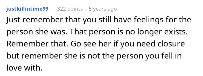 Screenshot of a Reddit comment discussing feelings and closure after a fiancé disappears before a wedding.
