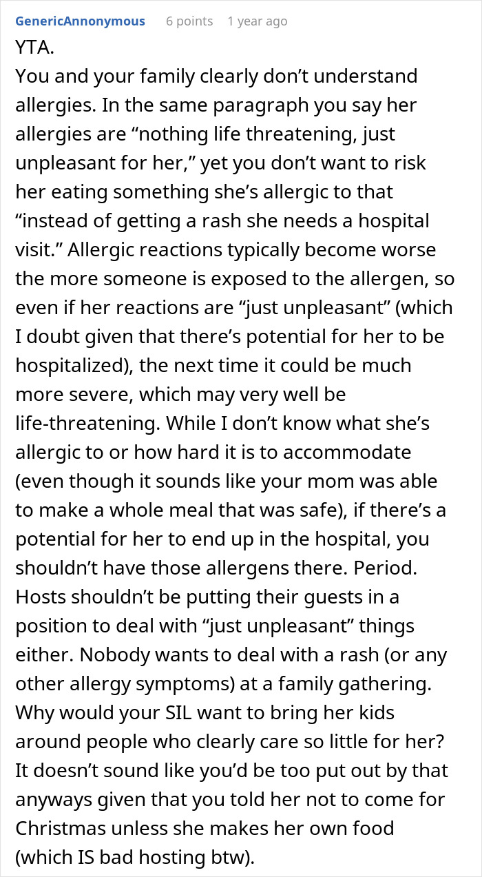 Comment discussing family conflicts over allergies and the challenges of accommodating allergy needs at gatherings.