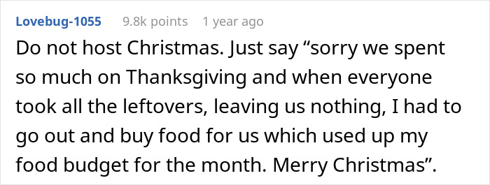 Comment about Thanksgiving host left with empty fridge after family clears all leftovers, causing shock and frustration.