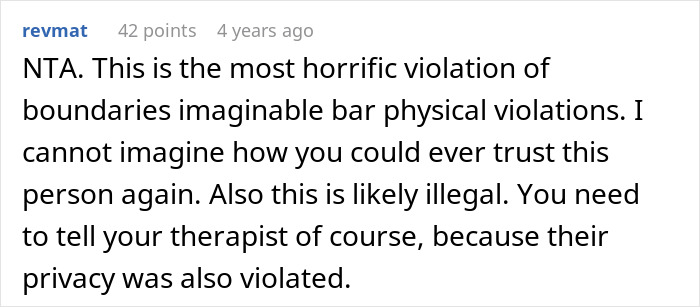 Comment discussing the violation of privacy after a guy records wife’s private therapy sessions out of concern.