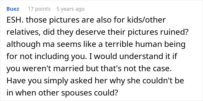 Screenshot of a Reddit comment discussing exclusion from family photos by homophobic mother-in-law.
