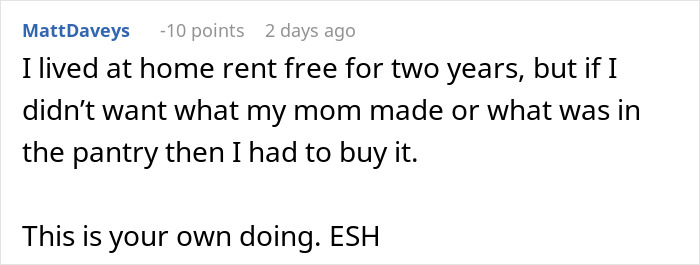 Comment about mom accused of embarrassing son&rsquo;s girlfriend who offered to cook meals, discussing living rent free and food preferences.