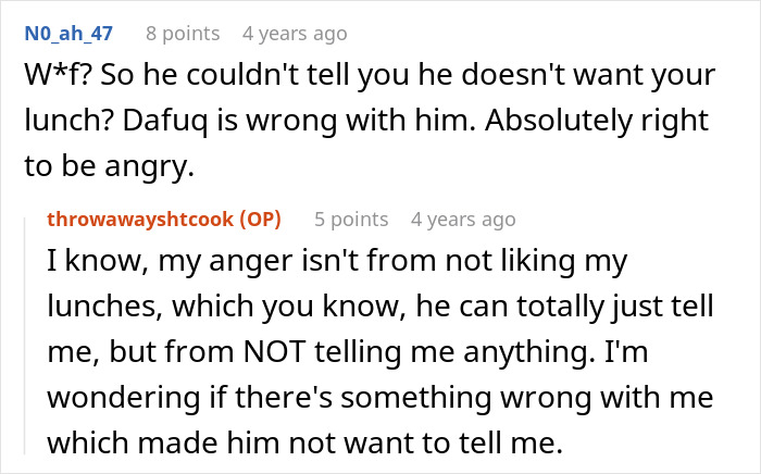 Screenshot of an online discussion where a woman expresses frustration about her boyfriend throwing away cooked lunches without explanation.