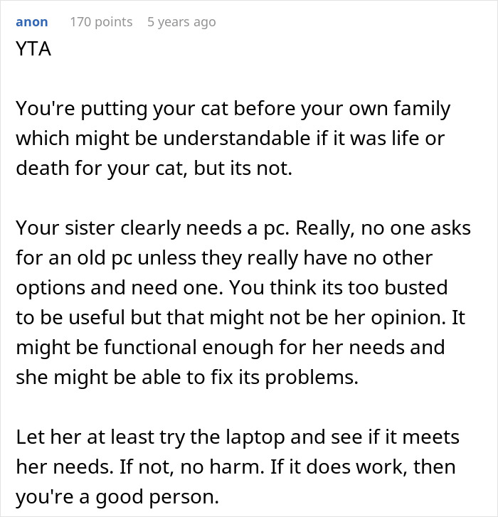 Screenshot of an online comment discussing giving an old laptop to a cat instead of the sister, sparking internet debate.