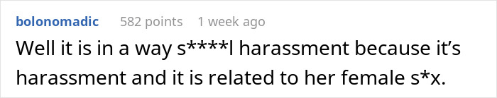 Comment expressing that calling a woman work mom may be considered s****l harassment related to her gender.