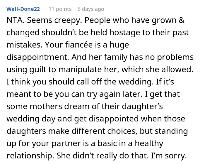 Comment warning man about fianc&eacute;e&rsquo;s family hiring a PI, suggesting he considers canceling his wedding.