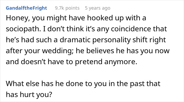 Comment discussing a woman&rsquo;s marriage falling apart two weeks after her husband ruined their wedding.