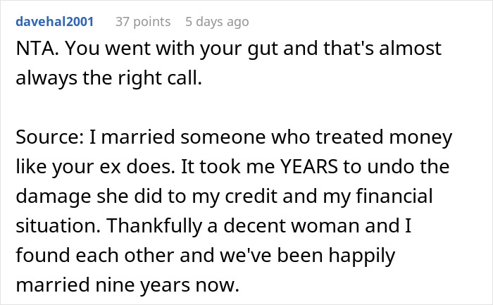 Screenshot of a Reddit comment discussing relationship issues involving debt and financial trust after a wedding payment demand. Screenshot of a Reddit comment discussing relationship issues involving debt and financial trust after a wedding payment demand.