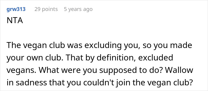 Comment discussing employee pushback against a vegan-only club, highlighting exclusion and starting beef literally.