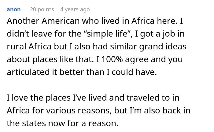 Comment about an American&rsquo;s experience living in Africa seeking a simpler lifestyle but feeling disillusioned.