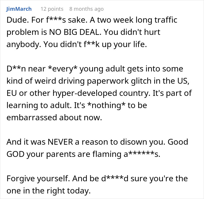 Screenshot of an online comment discussing family disownment and carrying shame guilt and embarrassment for it.