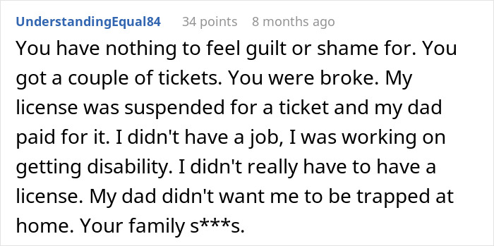 Comment expressing guilt and shame while discussing family issues related to being disowned and personal struggles.